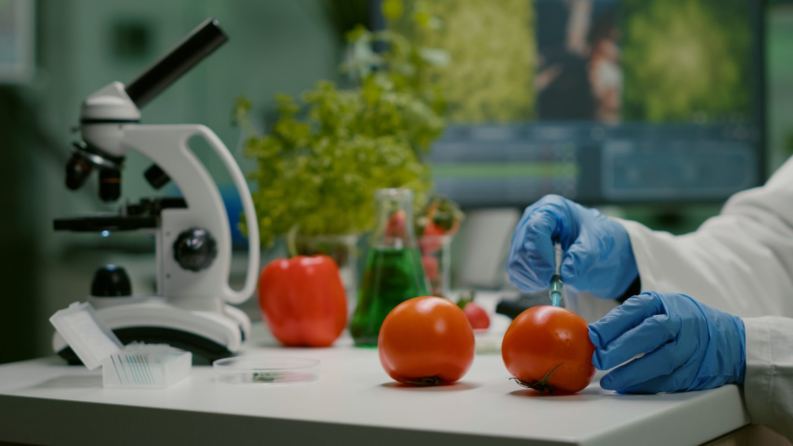 closeup chemist scientist injecting organic tomato with pesticides gmo test 1 scaled